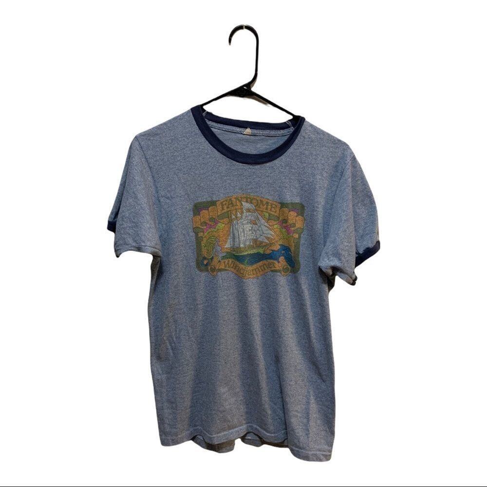 Vintage 70s 80sย tee t-shirt single stitch ringerโblue sailing boat nautical sz L
